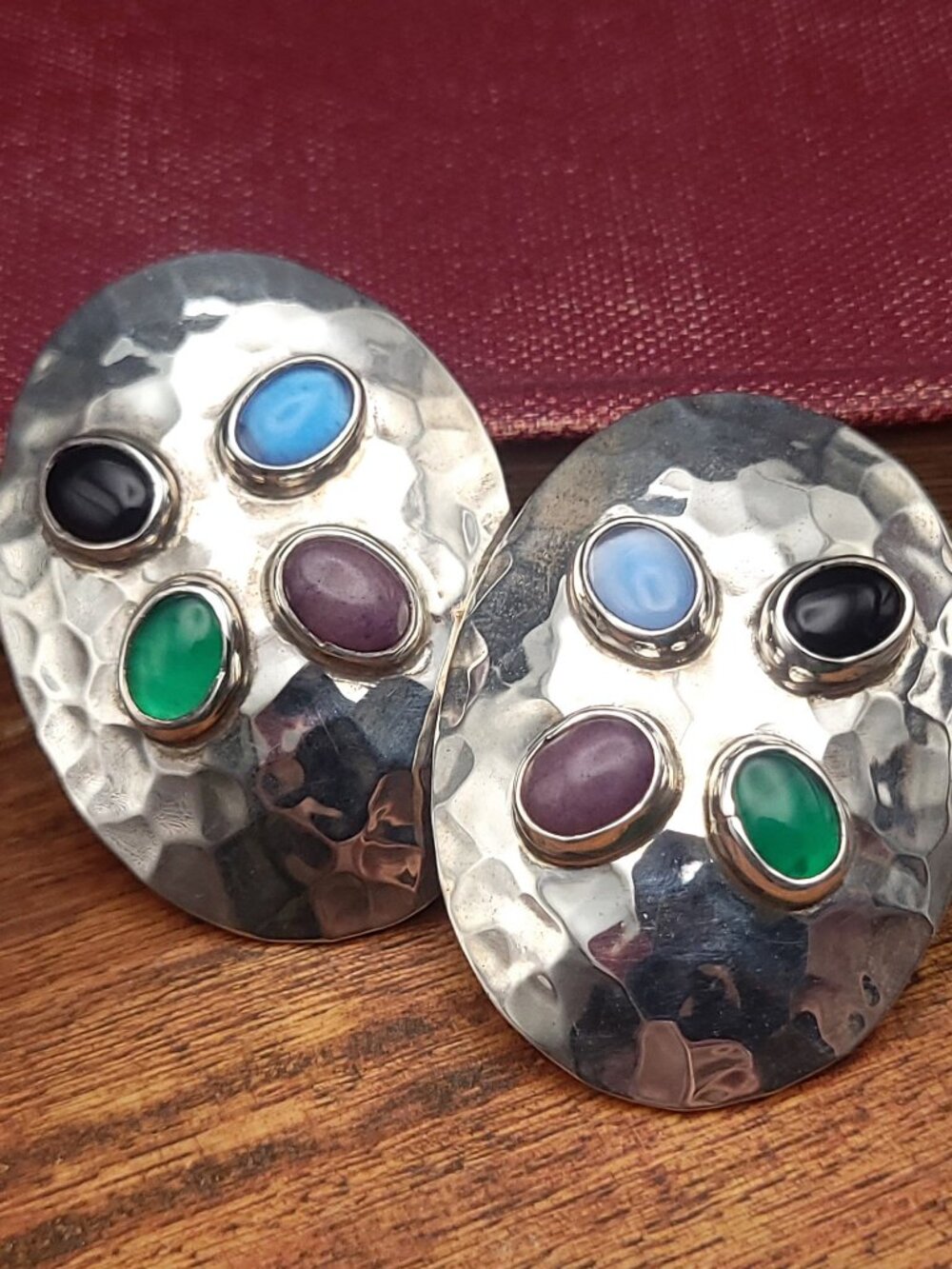 Vintage Sterling Silver and Stone Cabochon Clip-On Earrings Signed 925 TL-41 Mex